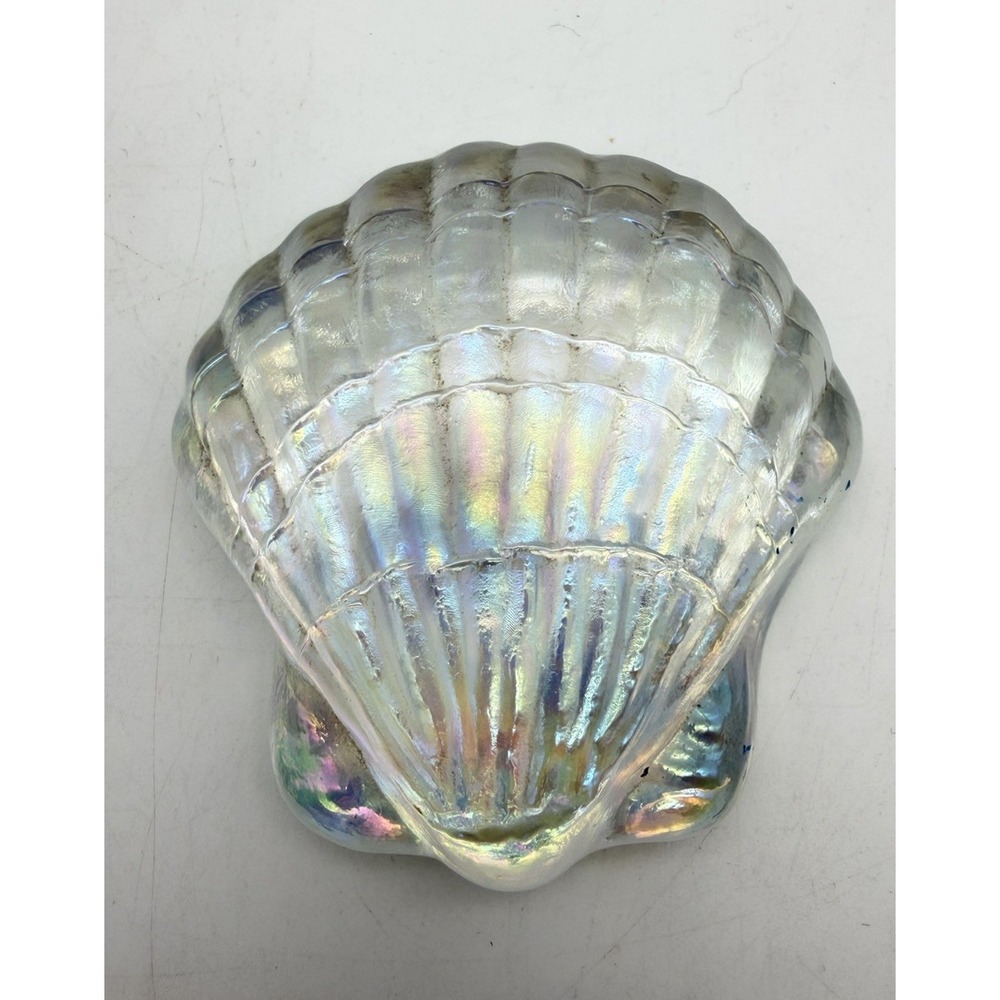 Vintage MCM Carnival Glass Iridescent Pearl Clam Shell Paperweight - Picture 1 of 5